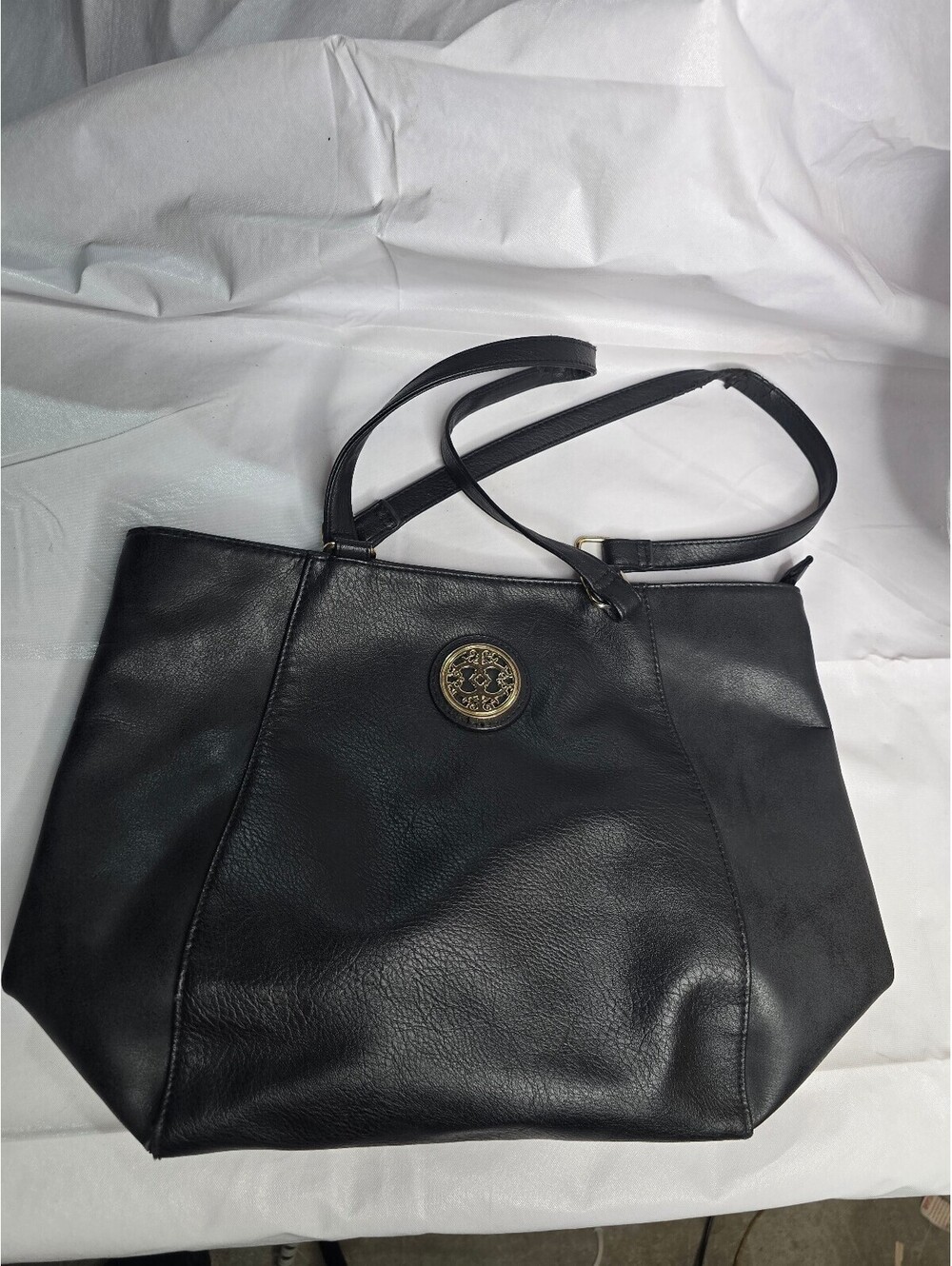 Black Leather Tote Shoulder Bag with Gold Crest Medallion